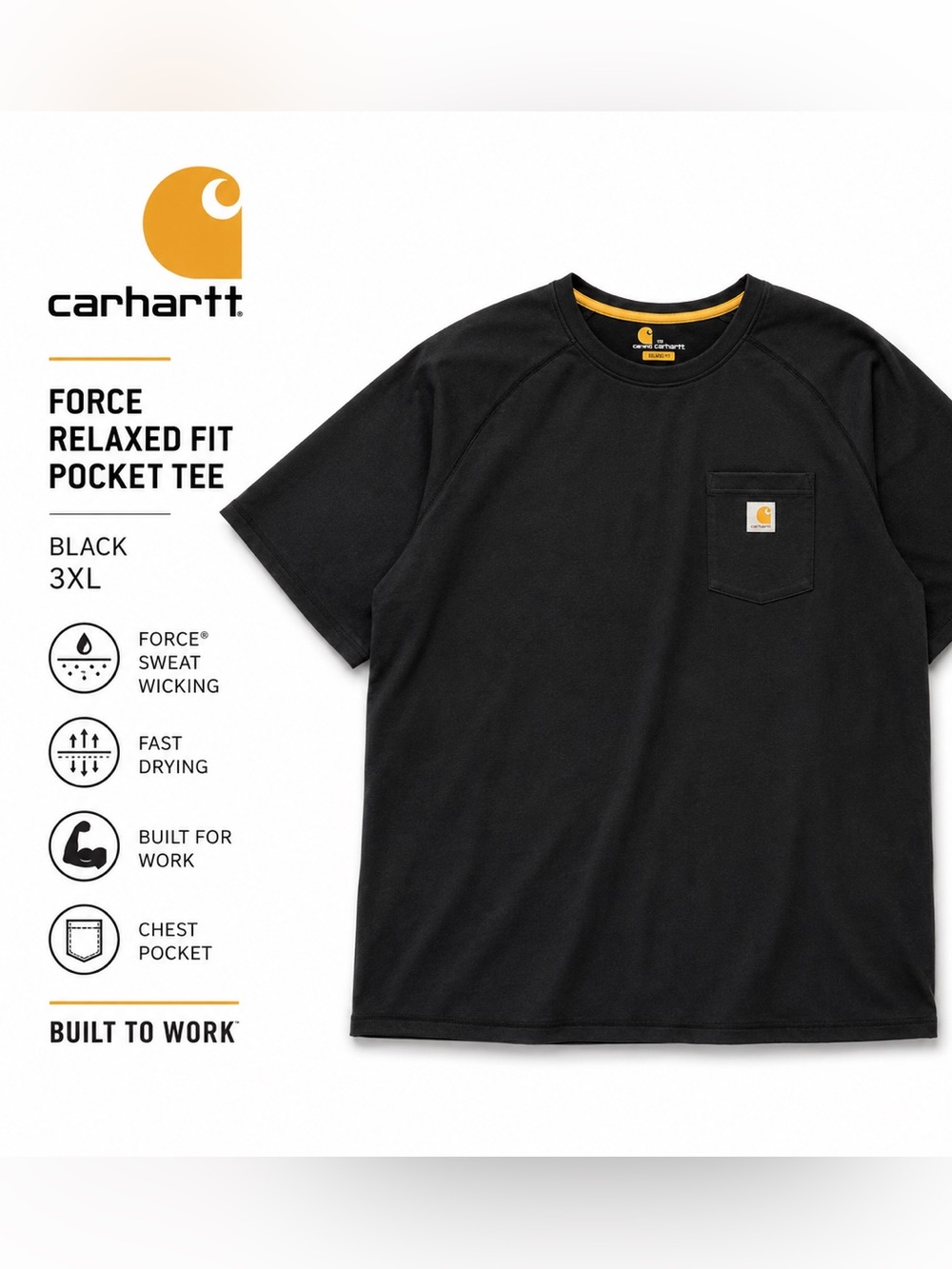 Carhartt Force Relaxed Fit Pocket Tee Black 3XL Short Sleeve Workwear